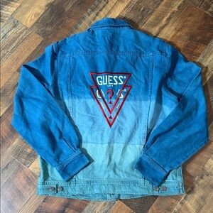 Guess Vintage Denim Jacket Large Triangle Logo Back Fade Wash Trucker - Large